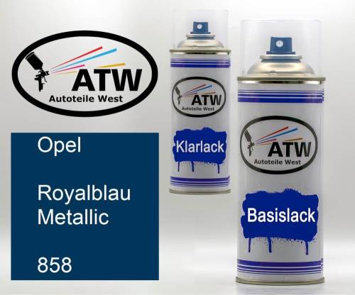 Opel, Royalblau Metallic, 858: 400ml Sprühdose + 400ml Klarlack - Set, von ATW Autoteile West.